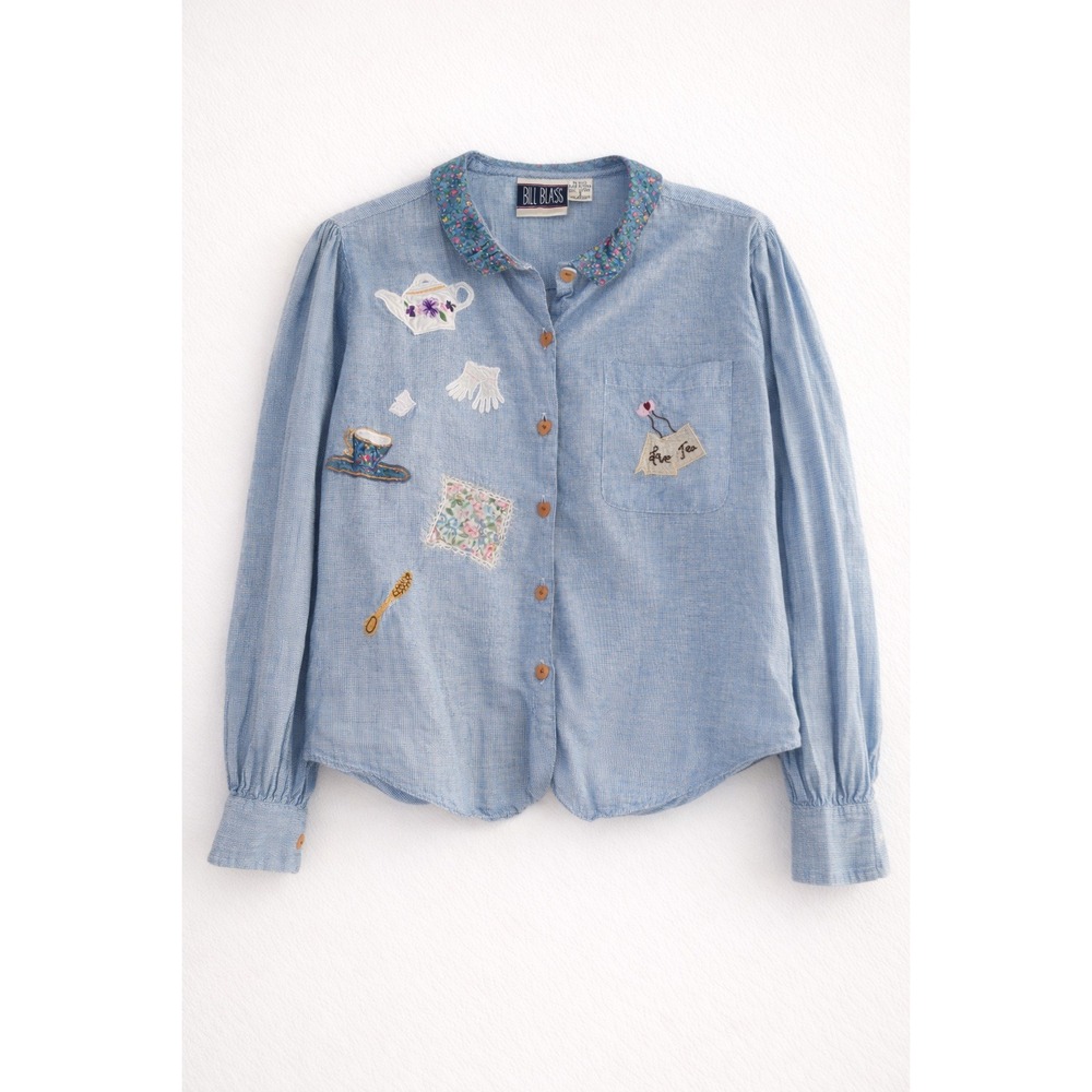 Blue Embroidered Chambray Button-Up Top by